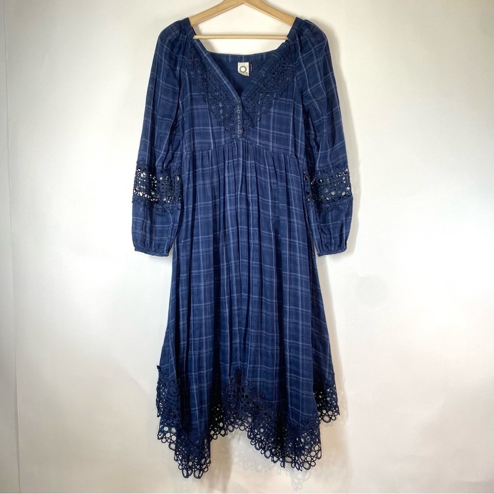 Akemi Kin Anthropologie Navy Plaid Cabincore Coastal Cowgirl Asymmetric Dress 2